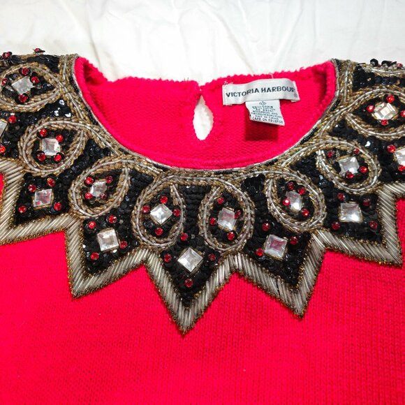 Victory Harbour 1990's Hand Embellished Holiday Sweater Red Large runs BIG - Picture 4 of 8